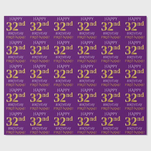Purple, Faux Gold "HAPPY 32nd BIRTHDAY" Wrapping Paper (Flat)