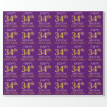 [ Thumbnail: Purple, Faux Gold "Happy 34th Birthday" Wrapping Paper ]