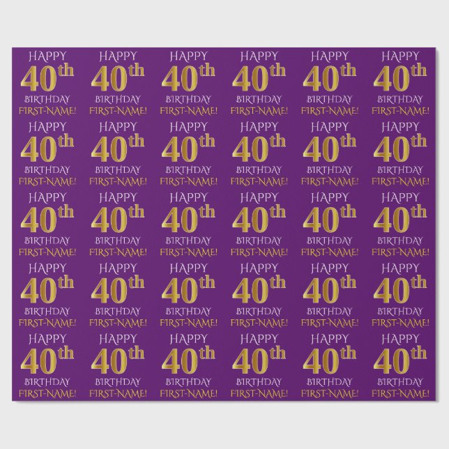 Purple, Faux Gold "HAPPY 40th BIRTHDAY" Wrapping Paper (Flat)