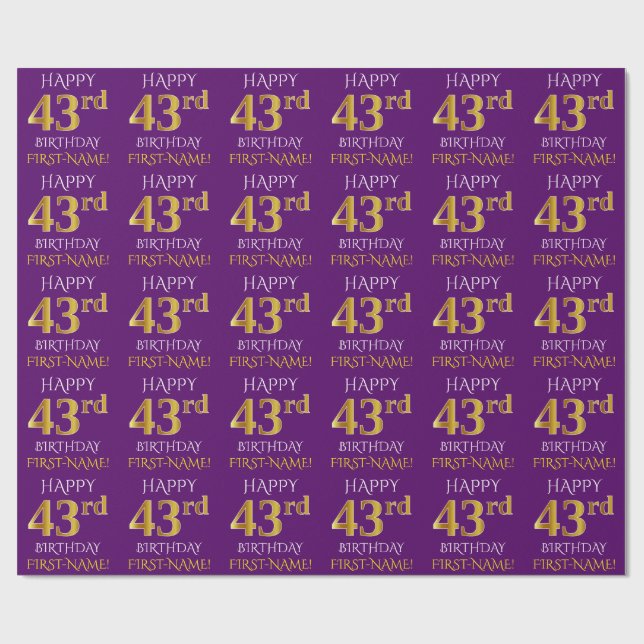 Purple, Faux Gold "HAPPY 43rd BIRTHDAY" Wrapping Paper (Flat)