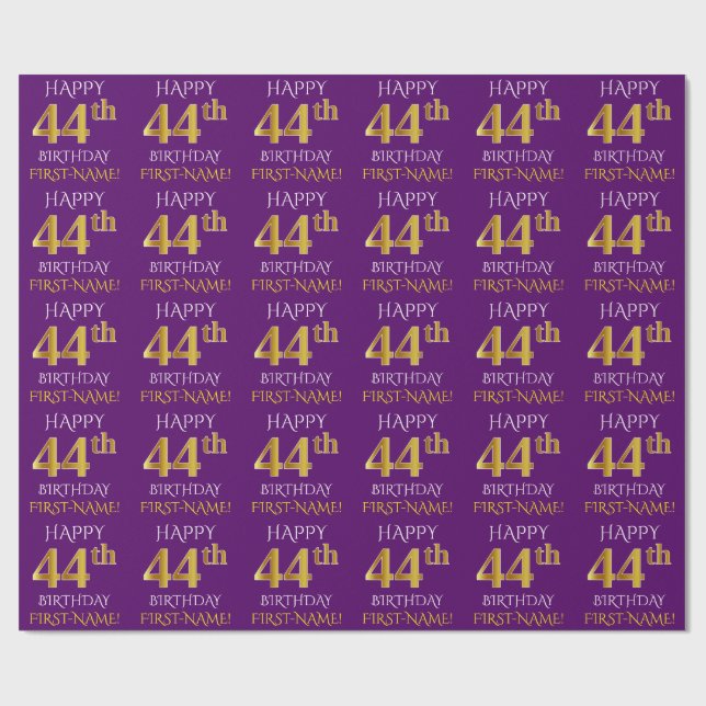 Purple, Faux Gold "HAPPY 44th BIRTHDAY" Wrapping Paper (Flat)