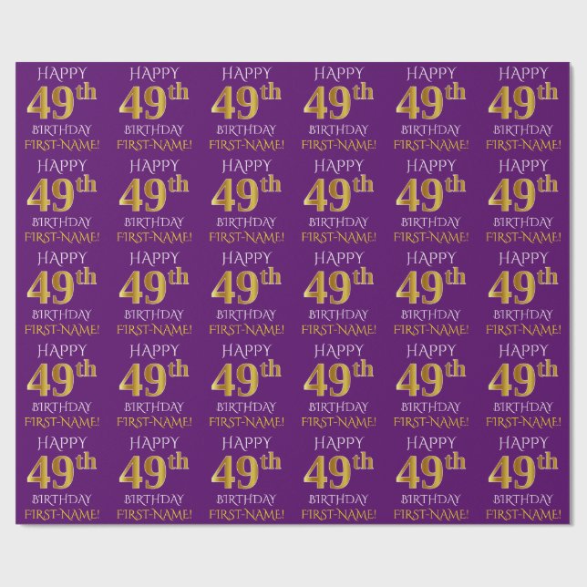 Purple, Faux Gold "HAPPY 49th BIRTHDAY" Wrapping Paper (Flat)