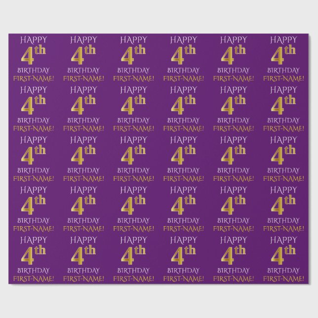 Purple, Faux Gold "HAPPY 4th BIRTHDAY" Wrapping Paper (Flat)