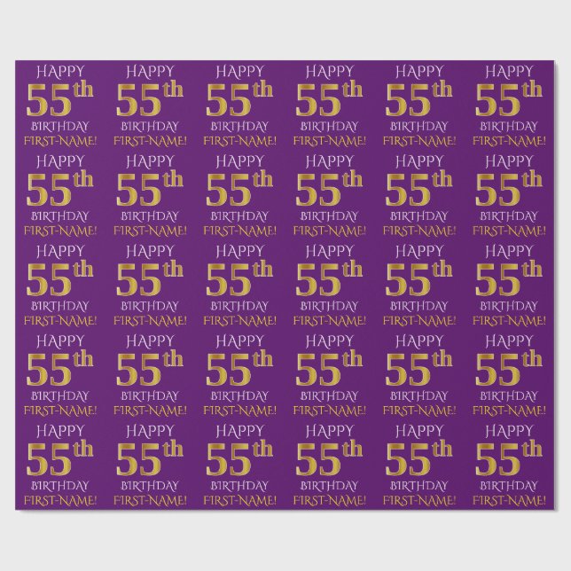 Purple, Faux Gold "HAPPY 55th BIRTHDAY" Wrapping Paper (Flat)