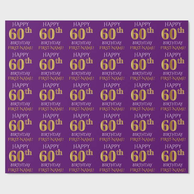 Purple, Faux Gold "HAPPY 60th BIRTHDAY" Wrapping Paper (Flat)