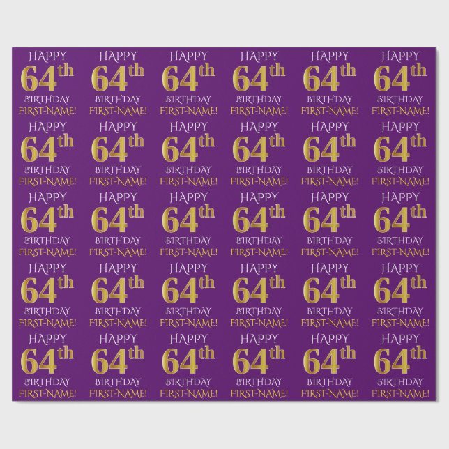 Purple, Faux Gold "HAPPY 64th BIRTHDAY" Wrapping Paper (Flat)