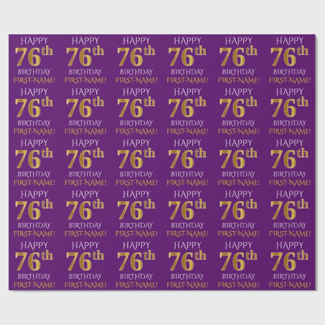 Purple, Faux Gold "HAPPY 76th BIRTHDAY" Wrapping Paper (Flat)