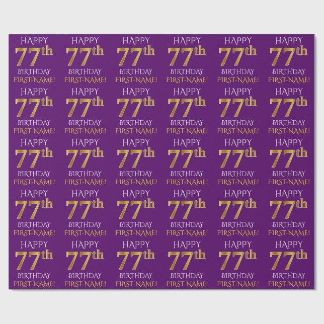 Purple, Faux Gold "HAPPY 77th BIRTHDAY" Wrapping Paper (Flat)