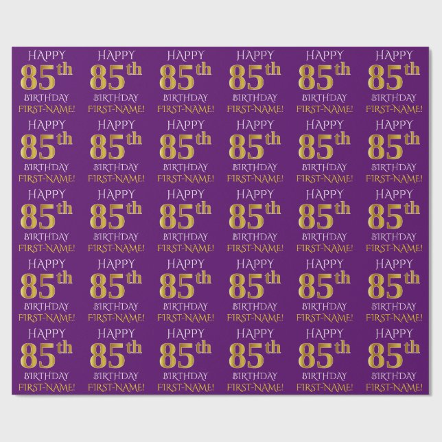 Purple, Faux Gold "HAPPY 85th BIRTHDAY" Wrapping Paper (Flat)