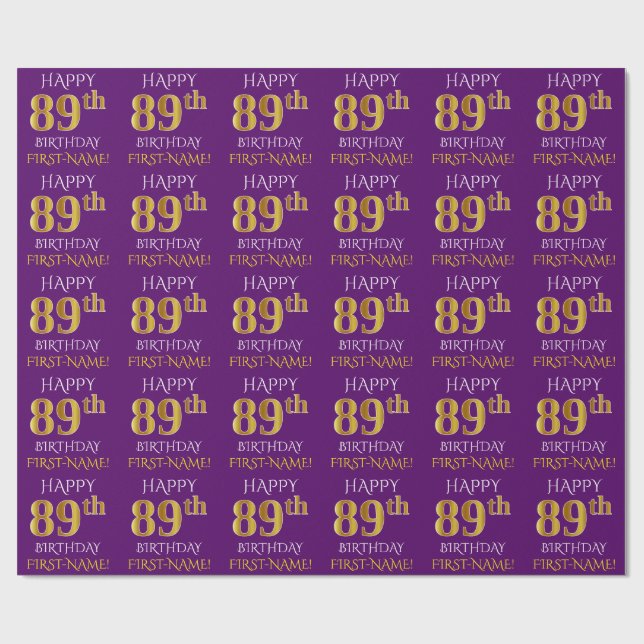 Purple, Faux Gold "HAPPY 89th BIRTHDAY" Wrapping Paper (Flat)