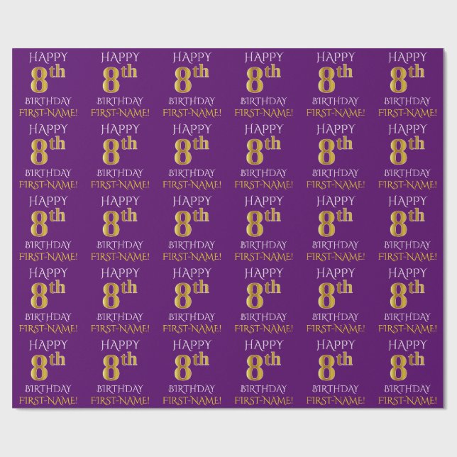 Purple, Faux Gold "HAPPY 8th BIRTHDAY" Wrapping Paper (Flat)