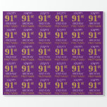 [ Thumbnail: Purple, Faux Gold "Happy 91st Birthday" Wrapping Paper ]