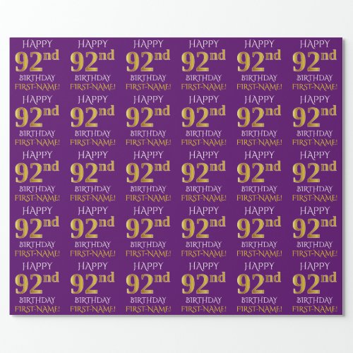 Purple Faux Gold HAPPY 92nd BIRTHDAY Wrapping Paper