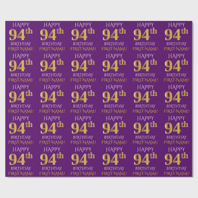 Purple, Faux Gold "HAPPY 94th BIRTHDAY" Wrapping Paper (Flat)