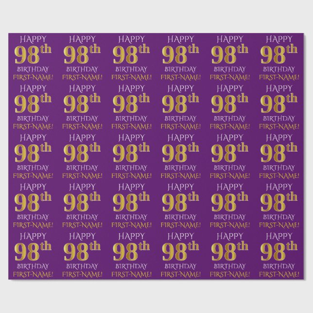 Purple, Faux Gold "HAPPY 98th BIRTHDAY" Wrapping Paper (Flat)