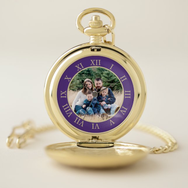 Purple & Faux Gold Roman Numbers Custom Photo Pocket Watch (Inside)