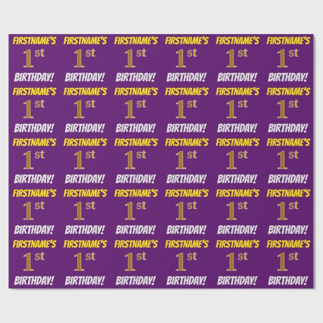 Purple, Faux/Imitation Gold, "1st BIRTHDAY" Wrapping Paper (Flat)