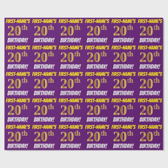 Purple, Faux/Imitation Gold, "20th BIRTHDAY" Wrapping Paper (Flat)