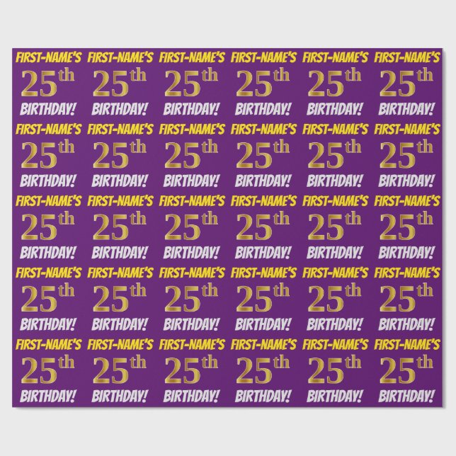Purple, Faux/Imitation Gold, "25th BIRTHDAY" Wrapping Paper (Flat)