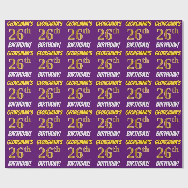 Purple, Faux/Imitation Gold, "26th BIRTHDAY" Wrapping Paper (Flat)