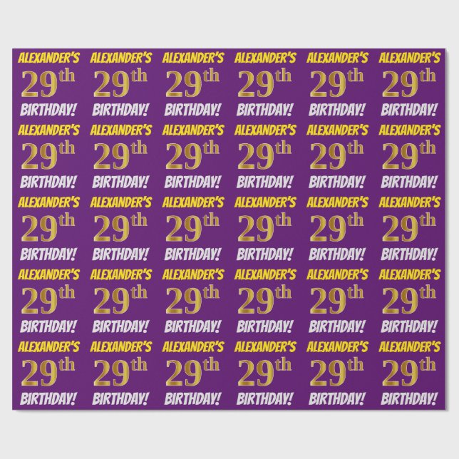 Purple, Faux/Imitation Gold, "29th BIRTHDAY" Wrapping Paper (Flat)