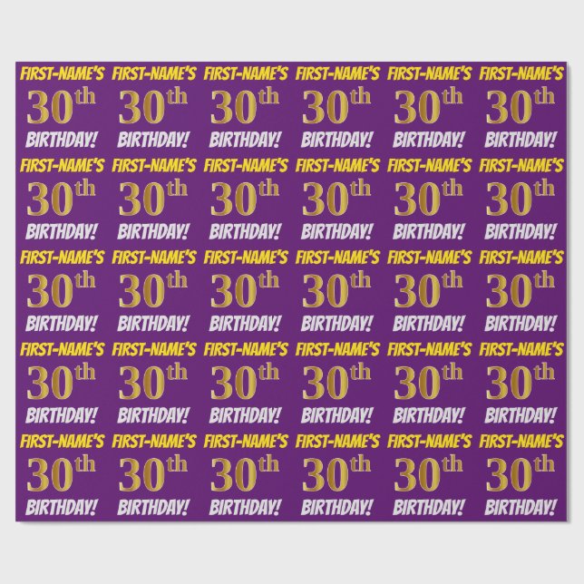 Purple, Faux/Imitation Gold, "30th BIRTHDAY" Wrapping Paper (Flat)