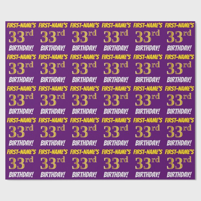 Purple, Faux/Imitation Gold, "33rd BIRTHDAY" Wrapping Paper (Flat)