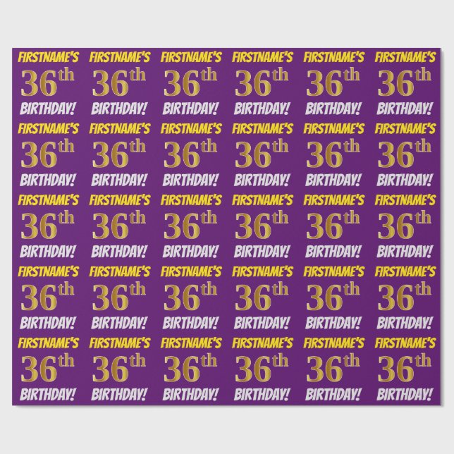 Purple, Faux/Imitation Gold, "36th BIRTHDAY" Wrapping Paper (Flat)