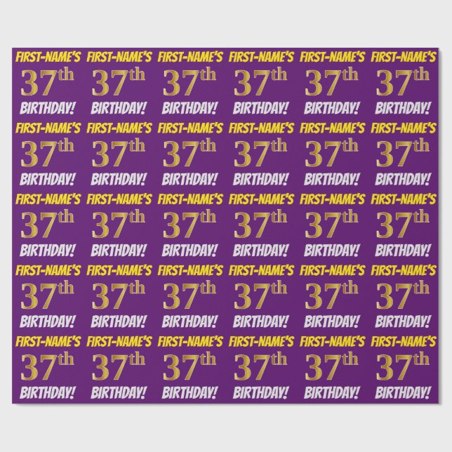 Purple, Faux/Imitation Gold, "37th BIRTHDAY" Wrapping Paper (Flat)