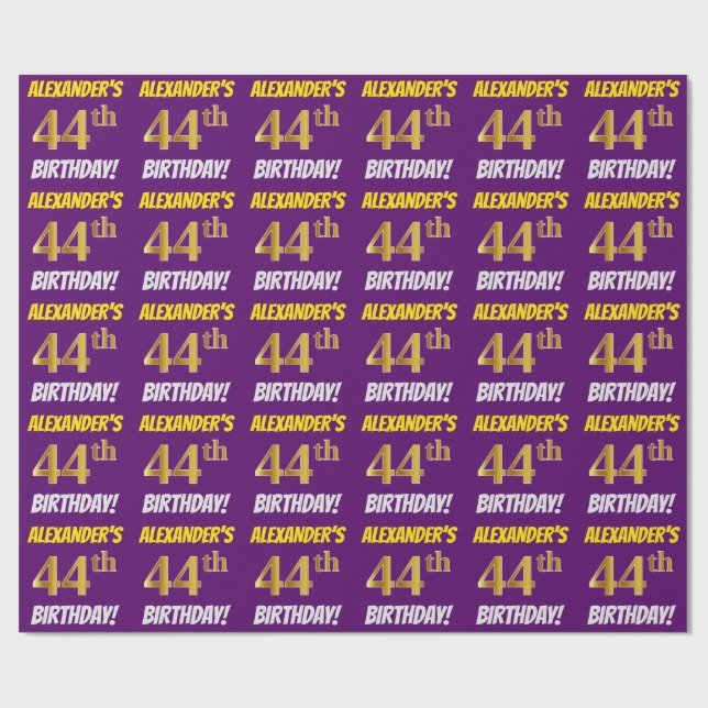 Purple, Faux/Imitation Gold, "44th BIRTHDAY" Wrapping Paper (Flat)