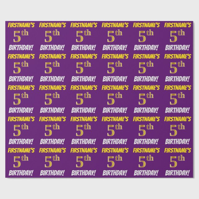 Purple, Faux/Imitation Gold, "5th BIRTHDAY" Wrapping Paper (Flat)