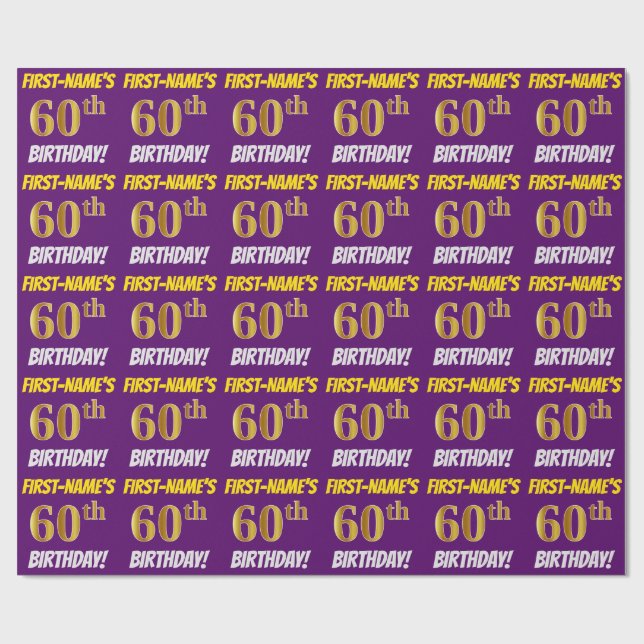 Purple, Faux/Imitation Gold, "60th BIRTHDAY" Wrapping Paper (Flat)