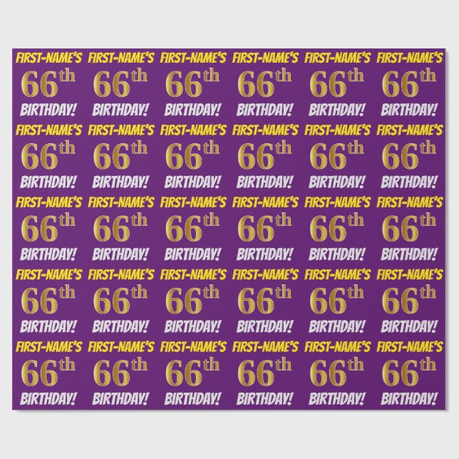 Purple, Faux/Imitation Gold, "66th BIRTHDAY" Wrapping Paper (Flat)
