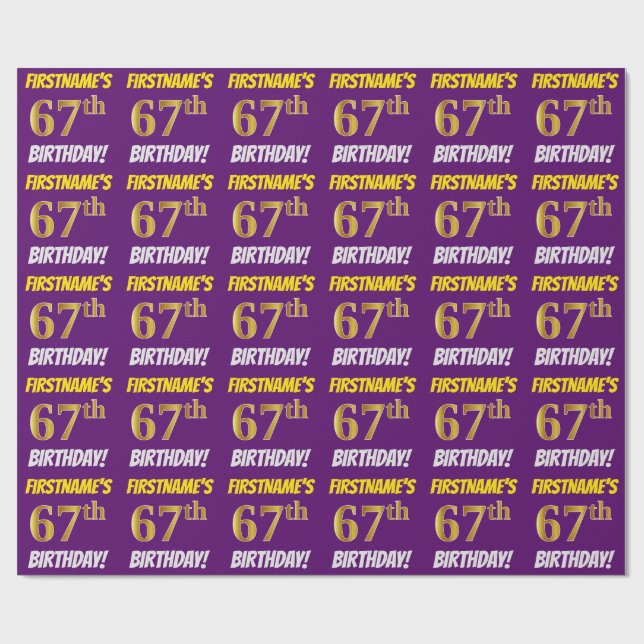 Purple, Faux/Imitation Gold, "67th BIRTHDAY" Wrapping Paper (Flat)