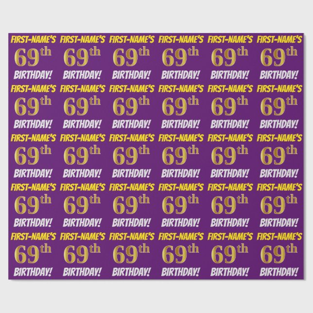 Purple, Faux/Imitation Gold, "69th BIRTHDAY" Wrapping Paper (Flat)