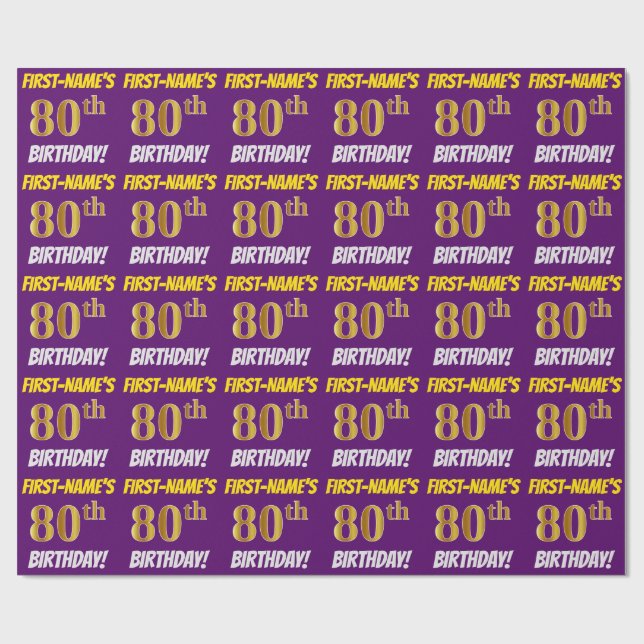 Purple, Faux/Imitation Gold, "80th BIRTHDAY" Wrapping Paper (Flat)