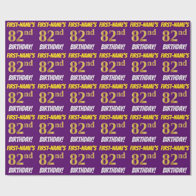Purple, Faux/Imitation Gold, "82nd BIRTHDAY" Wrapping Paper (Flat)