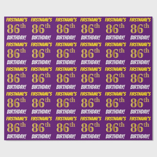Purple, Faux/Imitation Gold, "86th BIRTHDAY" Wrapping Paper (Flat)