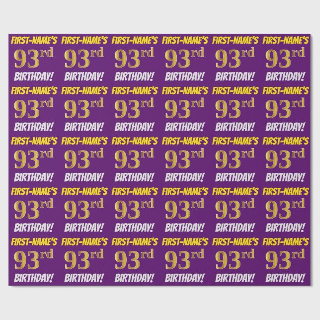 Purple, Faux/Imitation Gold, "93rd BIRTHDAY" Wrapping Paper (Flat)