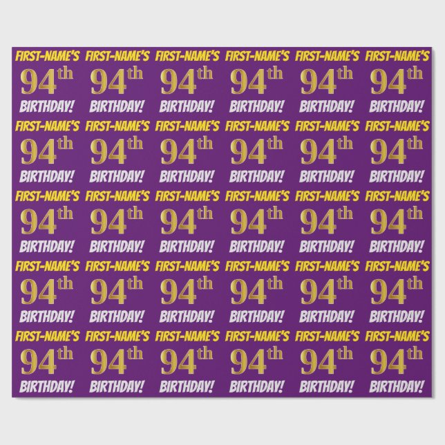 Purple, Faux/Imitation Gold, "94th BIRTHDAY" Wrapping Paper (Flat)