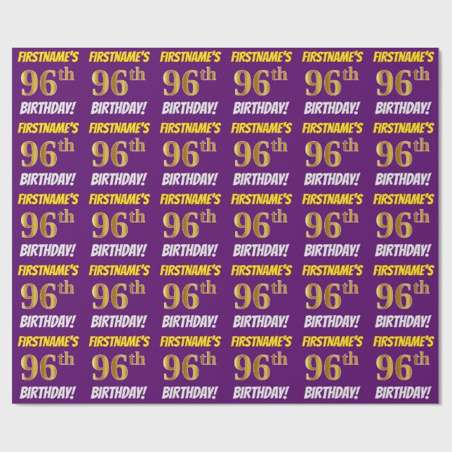 Purple, Faux/Imitation Gold, "96th BIRTHDAY" Wrapping Paper (Flat)