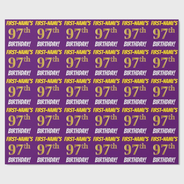 Purple, Faux/Imitation Gold, "97th BIRTHDAY" Wrapping Paper (Flat)