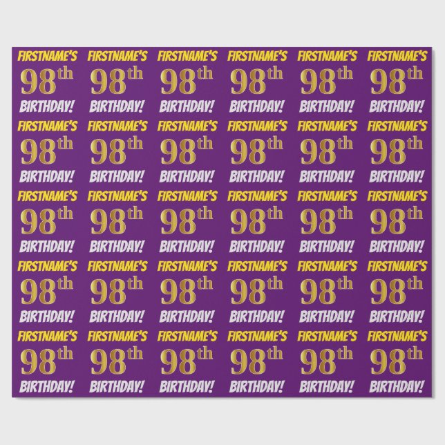 Purple, Faux/Imitation Gold, "98th BIRTHDAY" Wrapping Paper (Flat)