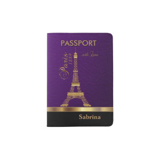 Purple Faux Leather with Gold Paris Accent Passport Holder