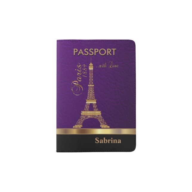 Purple Faux Leather with Gold Paris Accent Passport Holder (Front)