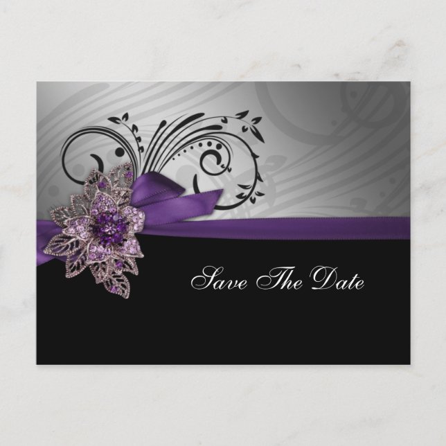 Purple FAUX ribbon vintage brooch Wedding Announcement Postcard (Front)