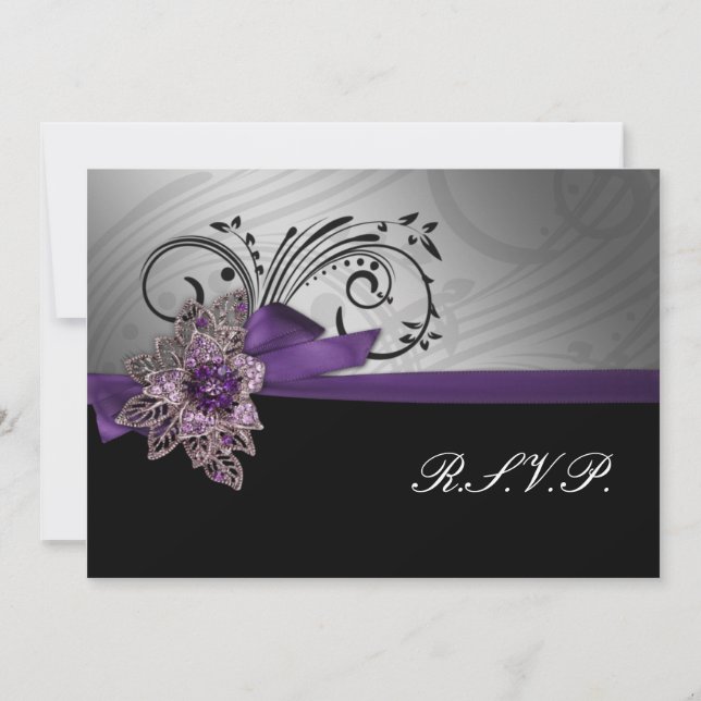Purple FAUX ribbon vintage brooch Wedding Invitation (Front)