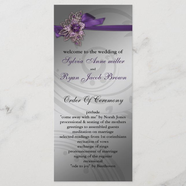 Purple FAUX ribbon vintage brooch Wedding Program (Front)