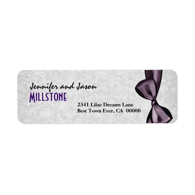 Purple Faux Satin Bow Modern Lettering on Damask Label (Front)