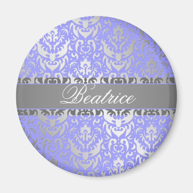 Purple Faux Shimmer Silver Damask with Your Name Magnet (Front)